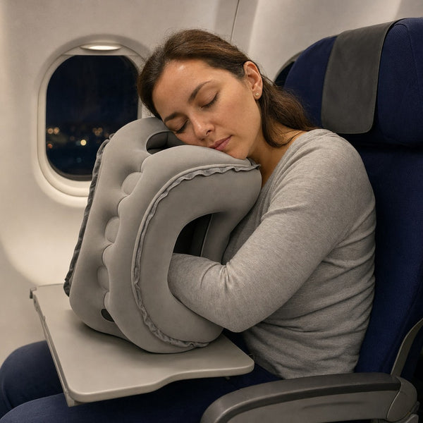 Sieste en avion avec l'oreiller gonflable