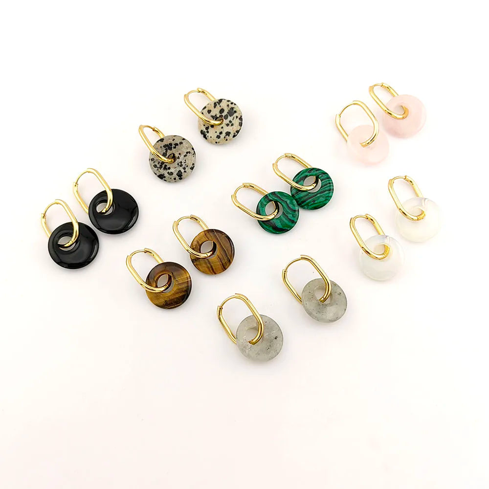 Créoles en Acier Doré avec Anneau de Pierre Naturelle – Œil de Tigre, Lapis, Labradorite… 6 Pierres