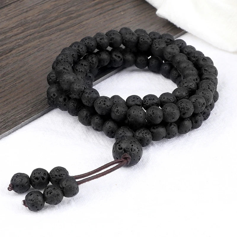 Mala 108 Perles de 6 mm – Pierre de Lave, Pierre Noire ou Bois, Collier ou Bracelet Multitours