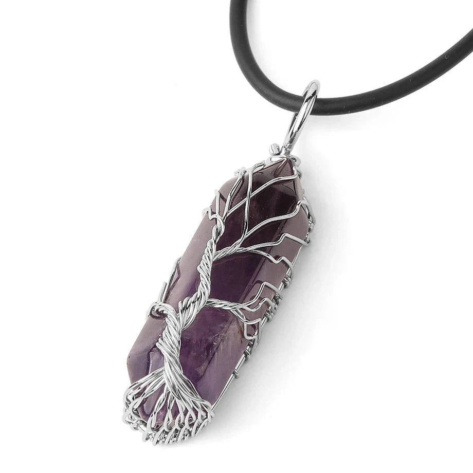 Collier Pointe Hexagonale en Pierre Naturelle – Arbre de Vie en Fil Argenté, sur Chaîne ou Cordon