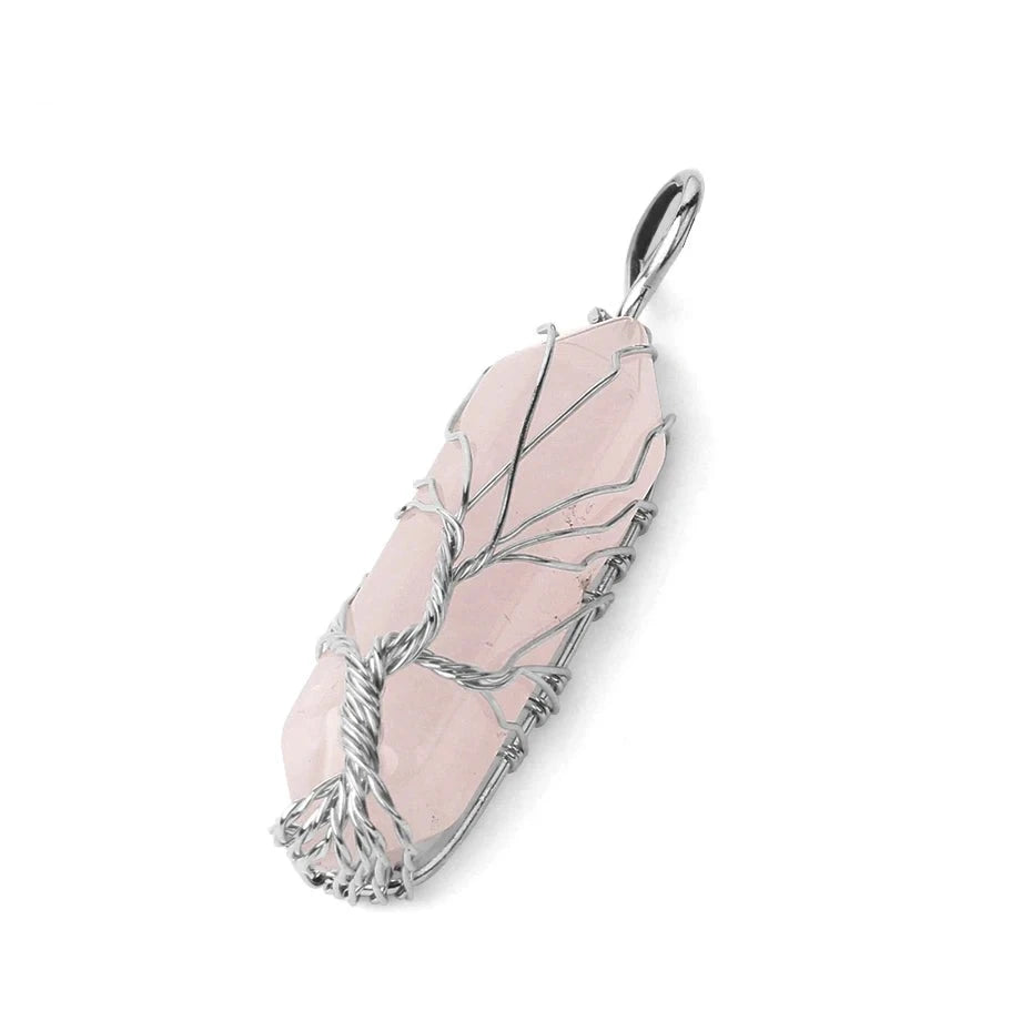Collier Pointe Hexagonale en Pierre Naturelle – Arbre de Vie en Fil Argenté, sur Chaîne ou Cordon
