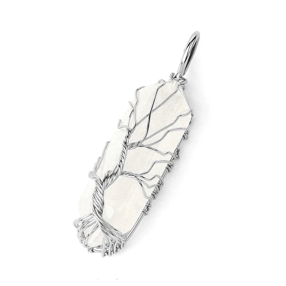 Collier Pointe Hexagonale en Pierre Naturelle – Arbre de Vie en Fil Argenté, sur Chaîne ou Cordon