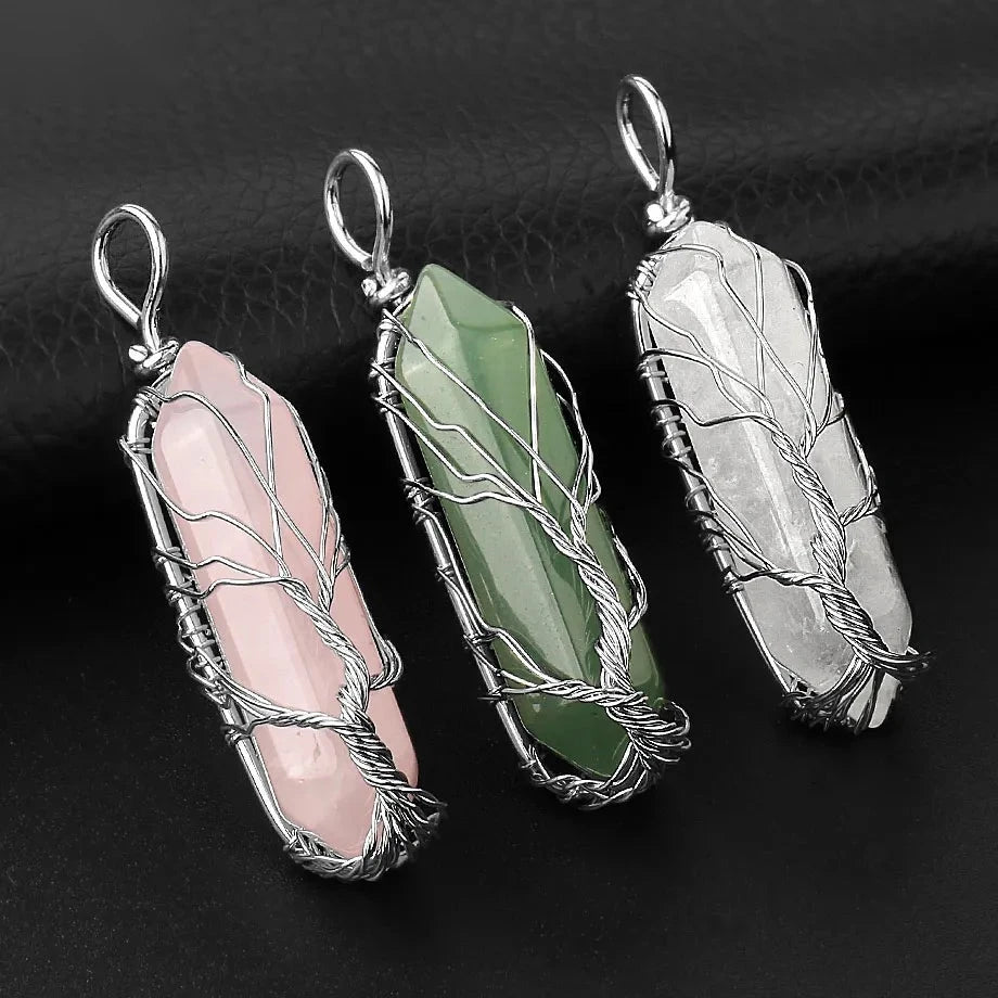 Collier Pointe Hexagonale en Pierre Naturelle – Arbre de Vie en Fil Argenté, sur Chaîne ou Cordon