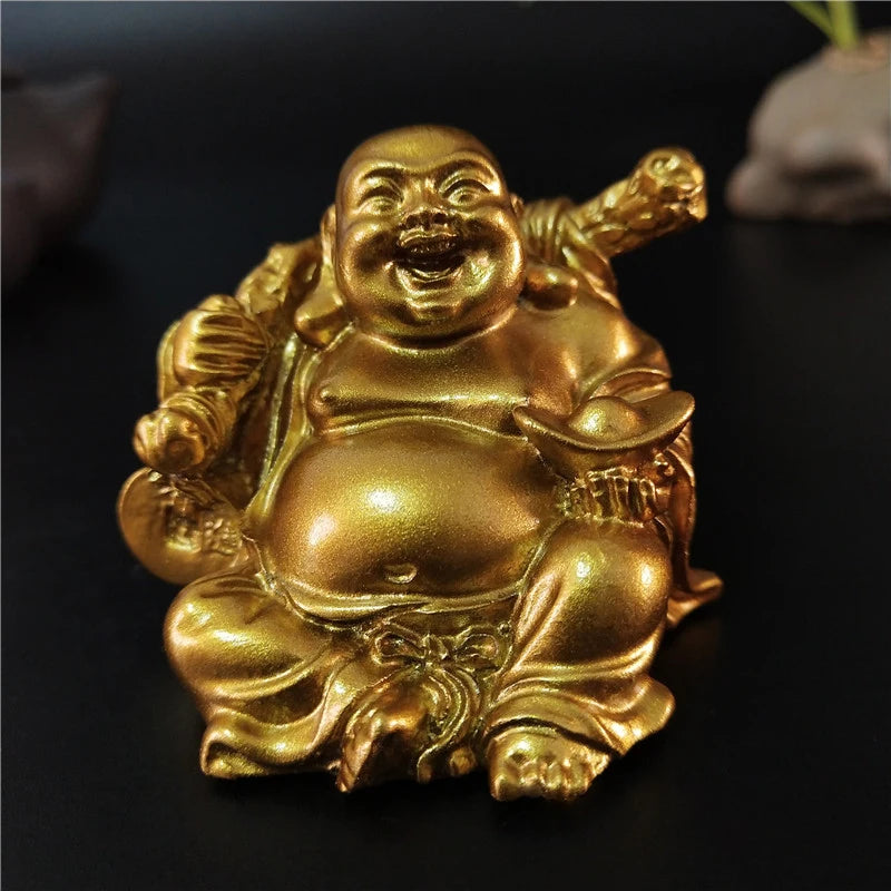 Statue Bouddha Rieur Doré – Maitreya Porte-Bonheur Feng Shui en Résine, 12 Modèles