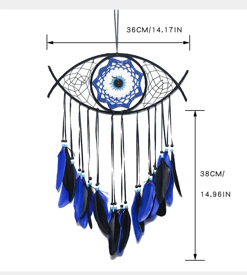 Attrape-Rêves Œil Bleu – Mauvais Œil Brodé et Plumes Bleues, Décoration Murale Bohème, 3 Modèles