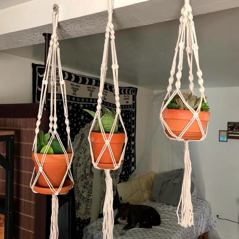 Suspension pour Plante en Macramé – Porte-Pot Suspendu Simple en Corde Naturelle 90 cm ou Double en Coton Écru 140 cm, Décoration Zen Bohème, Idée Cadeau