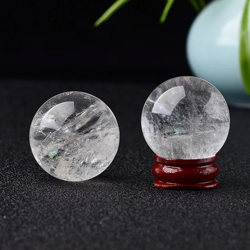 Boule de Cristal de Roche Naturel 28-32 mm avec Socle en Bois – Sphère de Quartz Clair