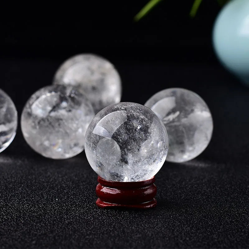 Boule de Cristal de Roche Naturel 28-32 mm avec Socle en Bois – Sphère de Quartz Clair