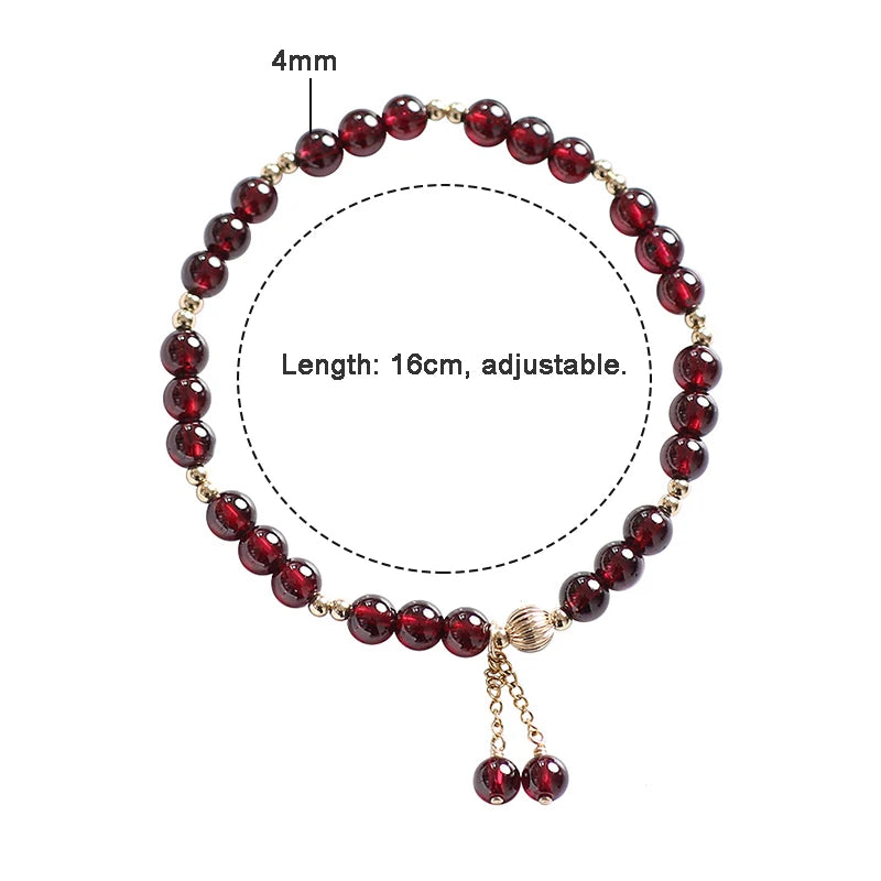 Bracelet Fin Grenat Naturel et Plaqué Or 14 Carats – Breloques Pampille, Réglable