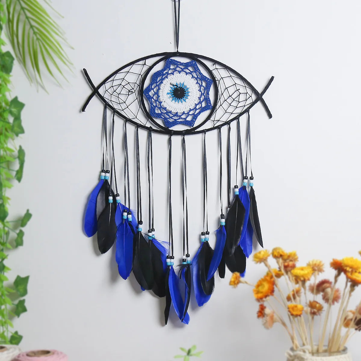 Attrape-Rêves Œil Bleu – Mauvais Œil Brodé et Plumes Bleues, Décoration Murale Bohème, 3 Modèles