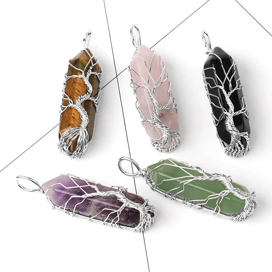 Collier Pointe Hexagonale en Pierre Naturelle – Arbre de Vie en Fil Argenté, sur Chaîne ou Cordon
