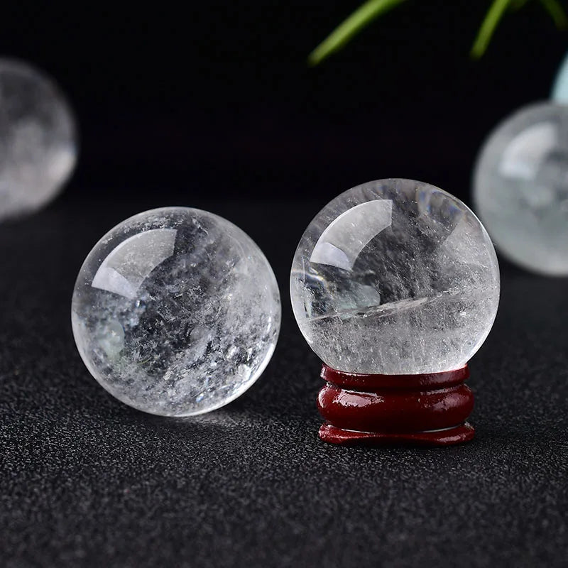 Boule de Cristal de Roche Naturel 28-32 mm avec Socle en Bois – Sphère de Quartz Clair