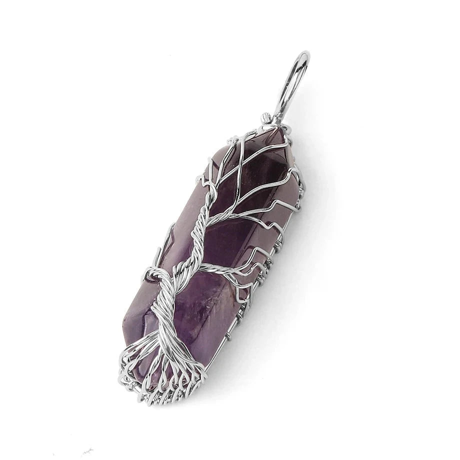 Collier Pointe Hexagonale en Pierre Naturelle – Arbre de Vie en Fil Argenté, sur Chaîne ou Cordon