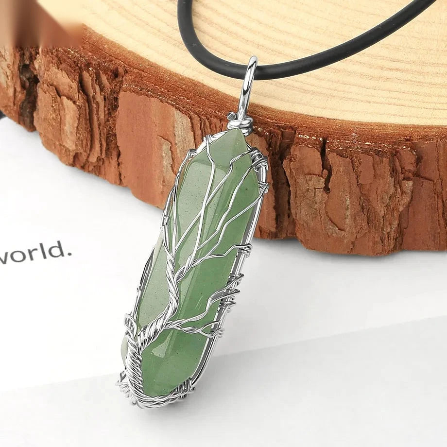 Collier Pointe Hexagonale en Pierre Naturelle – Arbre de Vie en Fil Argenté, sur Chaîne ou Cordon