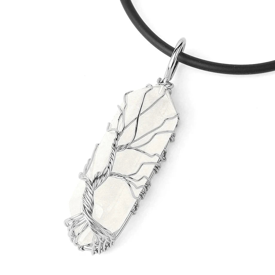 Collier Pointe Hexagonale en Pierre Naturelle – Arbre de Vie en Fil Argenté, sur Chaîne ou Cordon