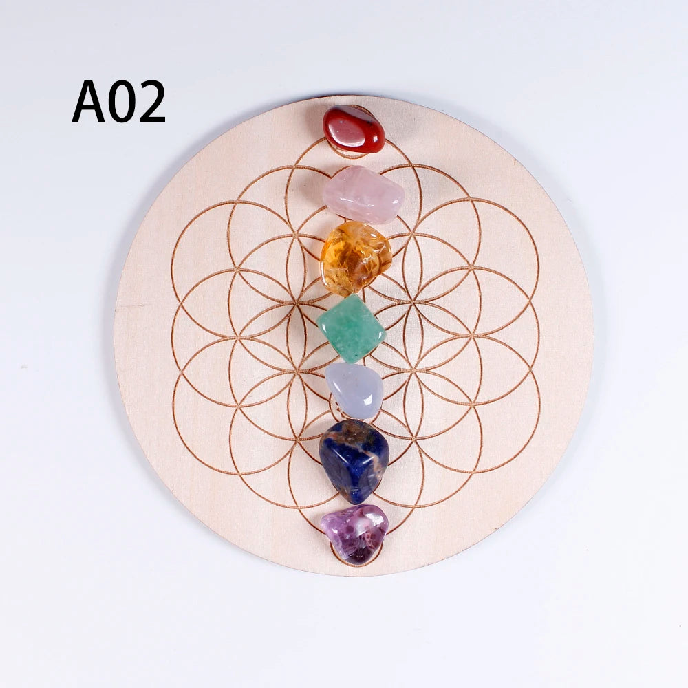 Plateau 7 Chakras en Bois Gravé avec 7 Pierres Naturelles – Fleur de Vie ou Silhouette Méditante
