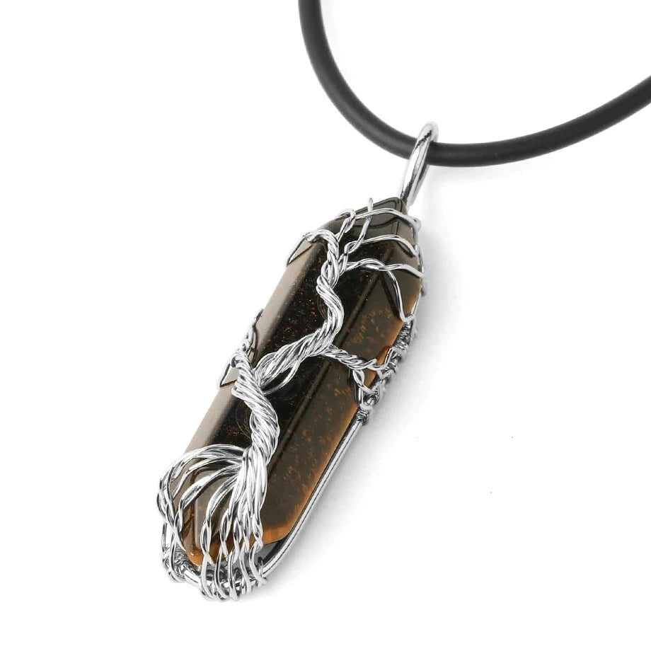 Collier Pointe Hexagonale en Pierre Naturelle – Arbre de Vie en Fil Argenté, sur Chaîne ou Cordon