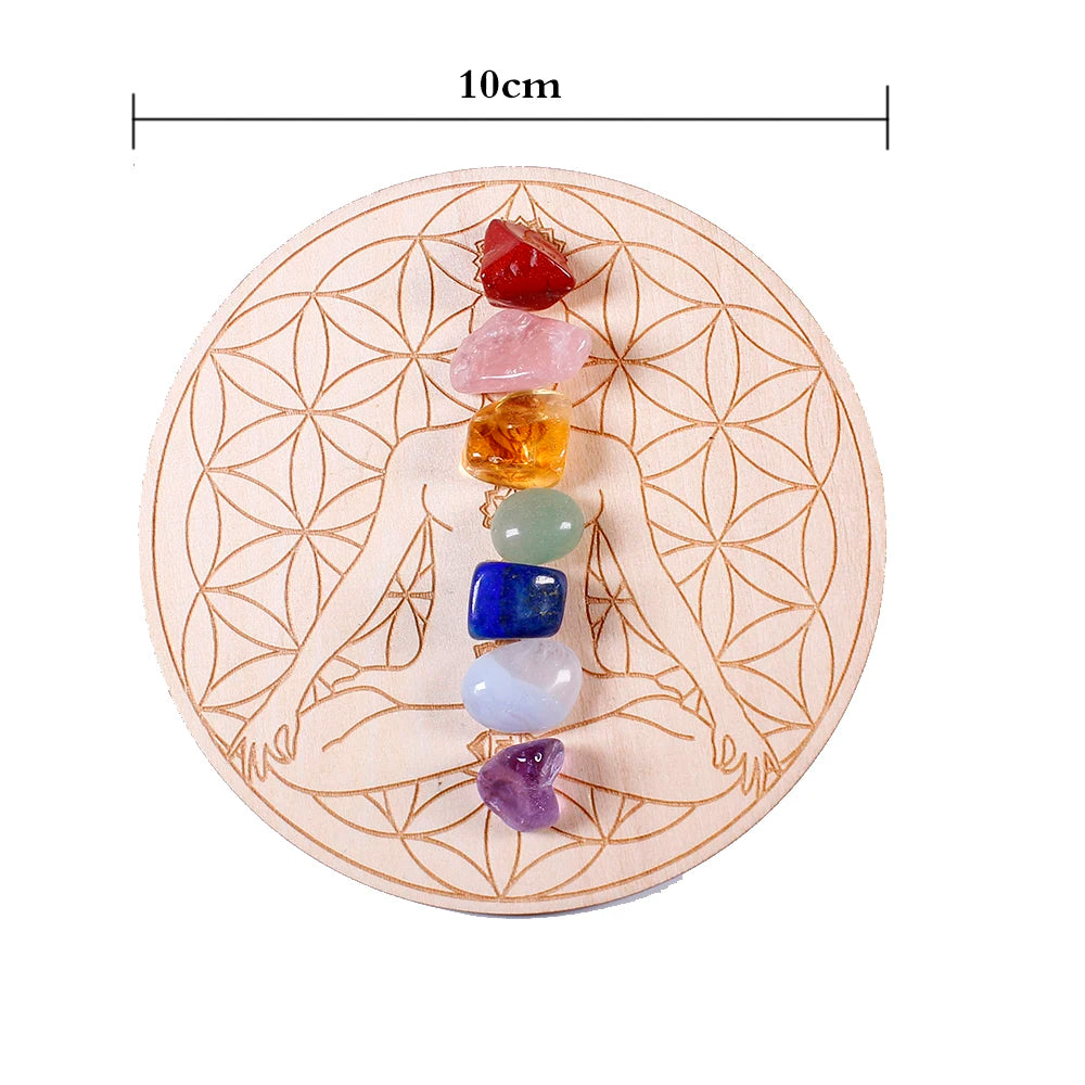 Plateau 7 Chakras en Bois Gravé avec 7 Pierres Naturelles – Fleur de Vie ou Silhouette Méditante