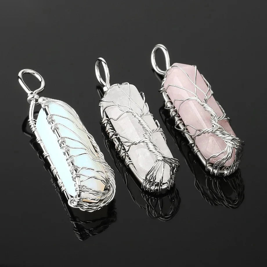 Collier Pointe Hexagonale en Pierre Naturelle – Arbre de Vie en Fil Argenté, sur Chaîne ou Cordon