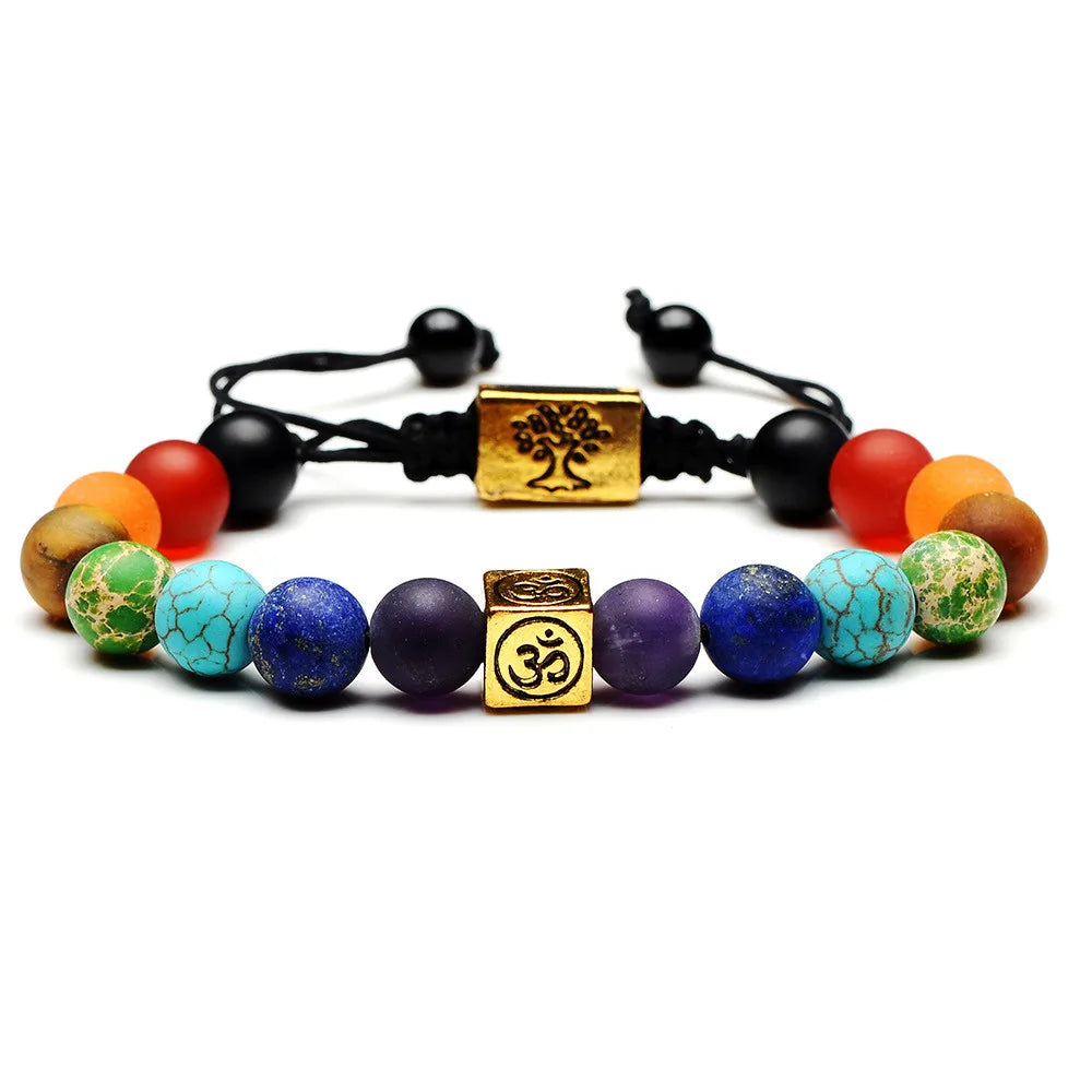 Bracelet 7 Chakras Arbre de Vie – Pierre de Lave et Perles de Couleur, Cordon Réglable