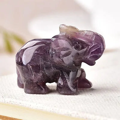 Éléphant en Pierre Naturelle Sculptée – Quartz Rose, Améthyste, Obsidienne, Œil de Tigre…