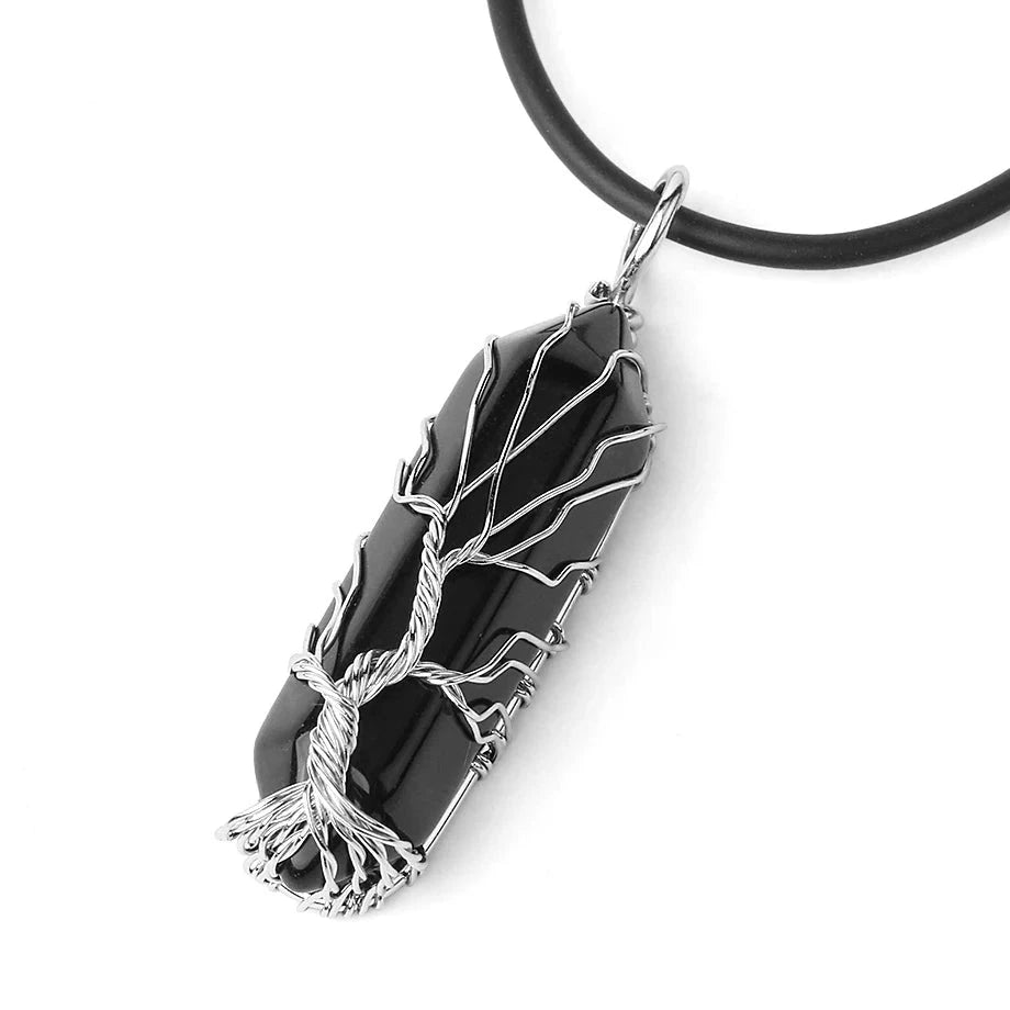 Collier Pointe Hexagonale en Pierre Naturelle – Arbre de Vie en Fil Argenté, sur Chaîne ou Cordon