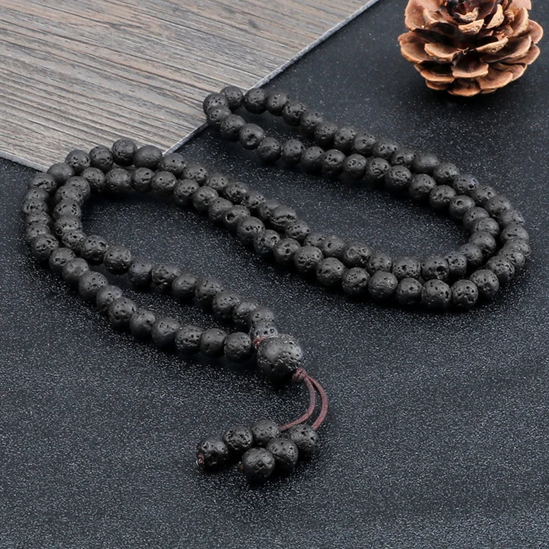 Mala 108 Perles de 6 mm – Pierre de Lave, Pierre Noire ou Bois, Collier ou Bracelet Multitours