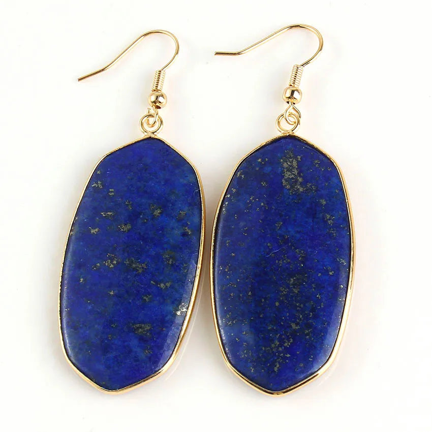 Grandes Boucles d'Oreilles Ovales en Pierre Naturelle – Pendantes Serties d'Or, 9 Pierres