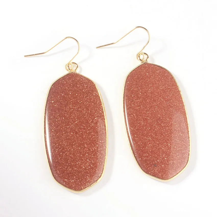 Grandes Boucles d'Oreilles Ovales en Pierre Naturelle – Pendantes Serties d'Or, 9 Pierres