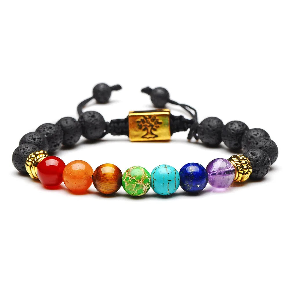 Bracelet 7 Chakras Arbre de Vie – Pierre de Lave et Perles de Couleur, Cordon Réglable