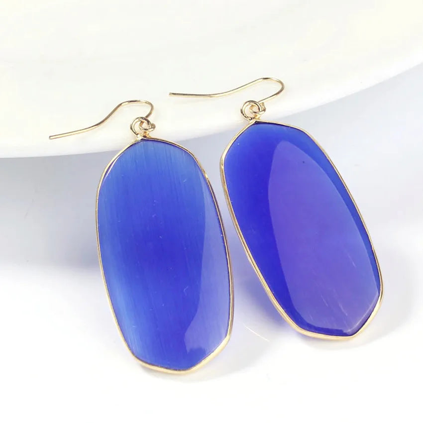 Grandes Boucles d'Oreilles Ovales en Pierre Naturelle – Pendantes Serties d'Or, 9 Pierres