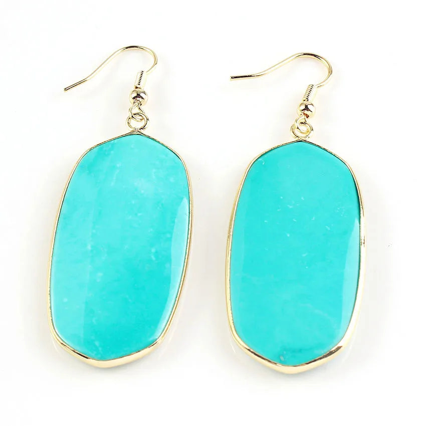 Grandes Boucles d'Oreilles Ovales en Pierre Naturelle – Pendantes Serties d'Or, 9 Pierres