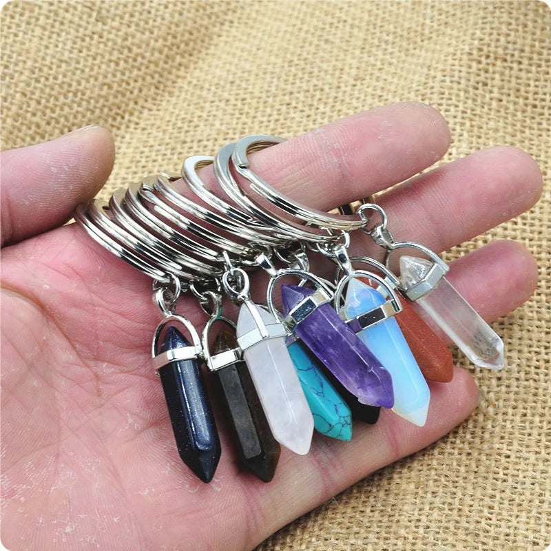 Porte-Clés Pointe de Pierre Naturelle – Améthyste, Quartz Rose, Œil de Tigre, Obsidienne ou Cristal