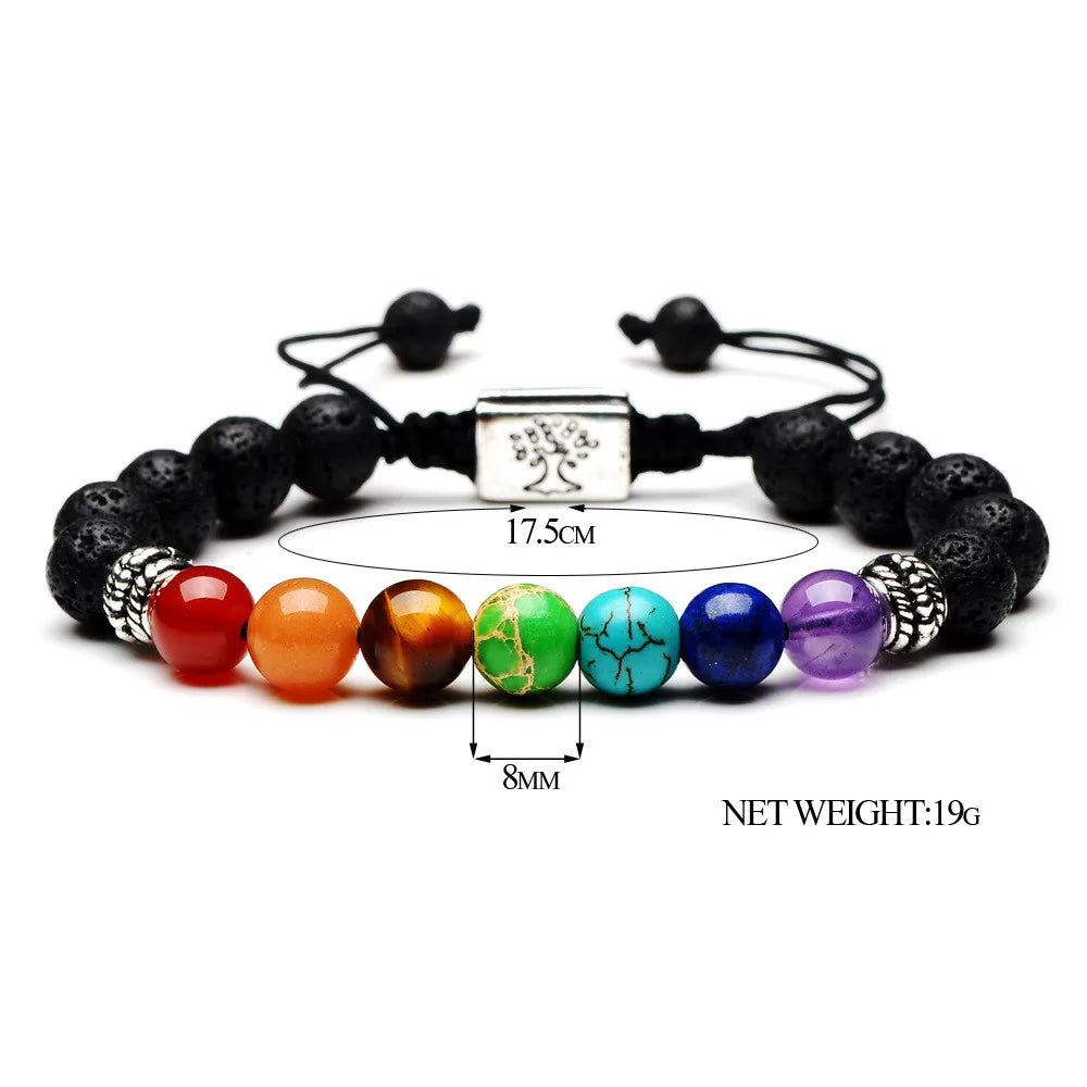 Bracelet 7 Chakras Arbre de Vie – Pierre de Lave et Perles de Couleur, Cordon Réglable