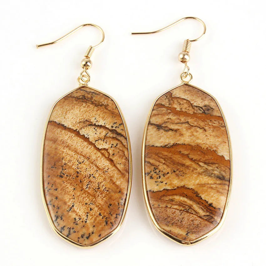 Grandes Boucles d'Oreilles Ovales en Pierre Naturelle – Pendantes Serties d'Or, 9 Pierres