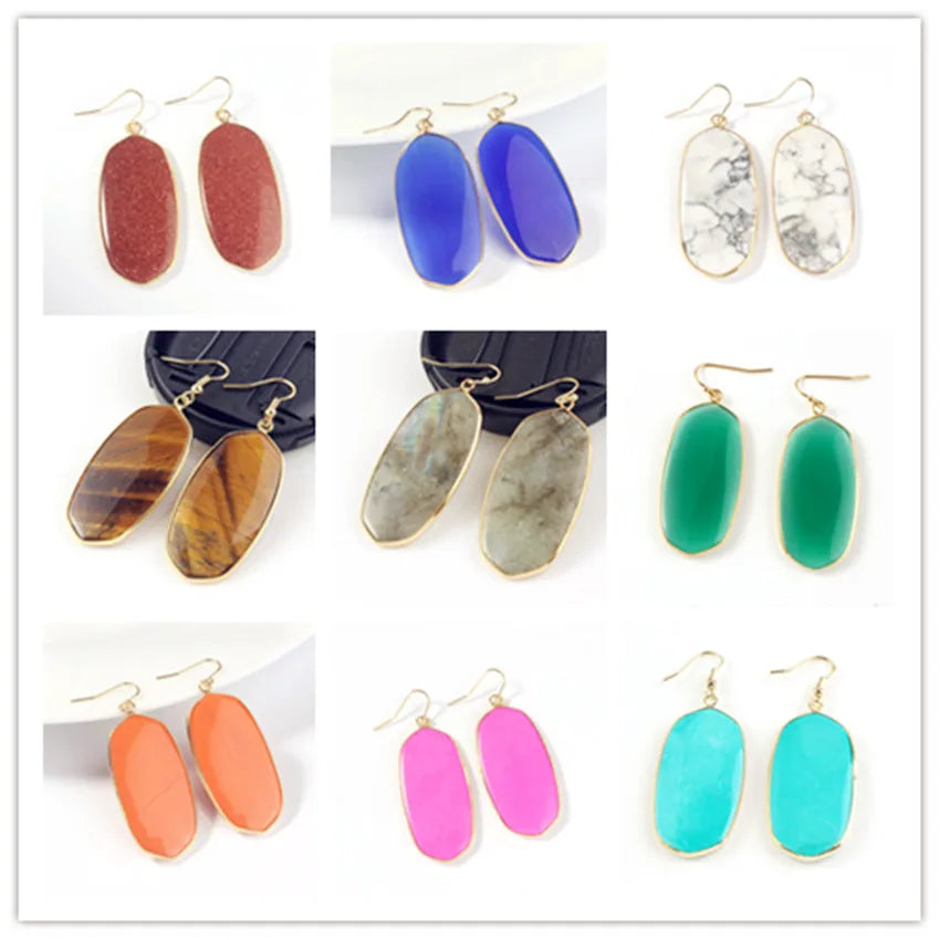 Grandes Boucles d'Oreilles Ovales en Pierre Naturelle – Pendantes Serties d'Or, 9 Pierres