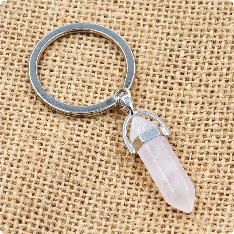 Porte-Clés Pointe de Pierre Naturelle – Améthyste, Quartz Rose, Œil de Tigre, Obsidienne ou Cristal