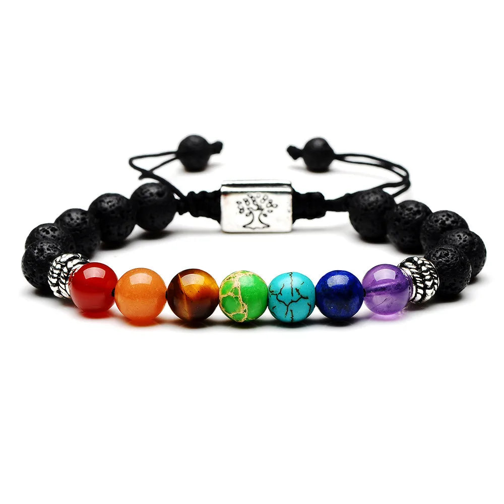 Bracelet 7 Chakras Arbre de Vie – Pierre de Lave et Perles de Couleur, Cordon Réglable