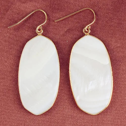 Grandes Boucles d'Oreilles Ovales en Pierre Naturelle – Pendantes Serties d'Or, 9 Pierres