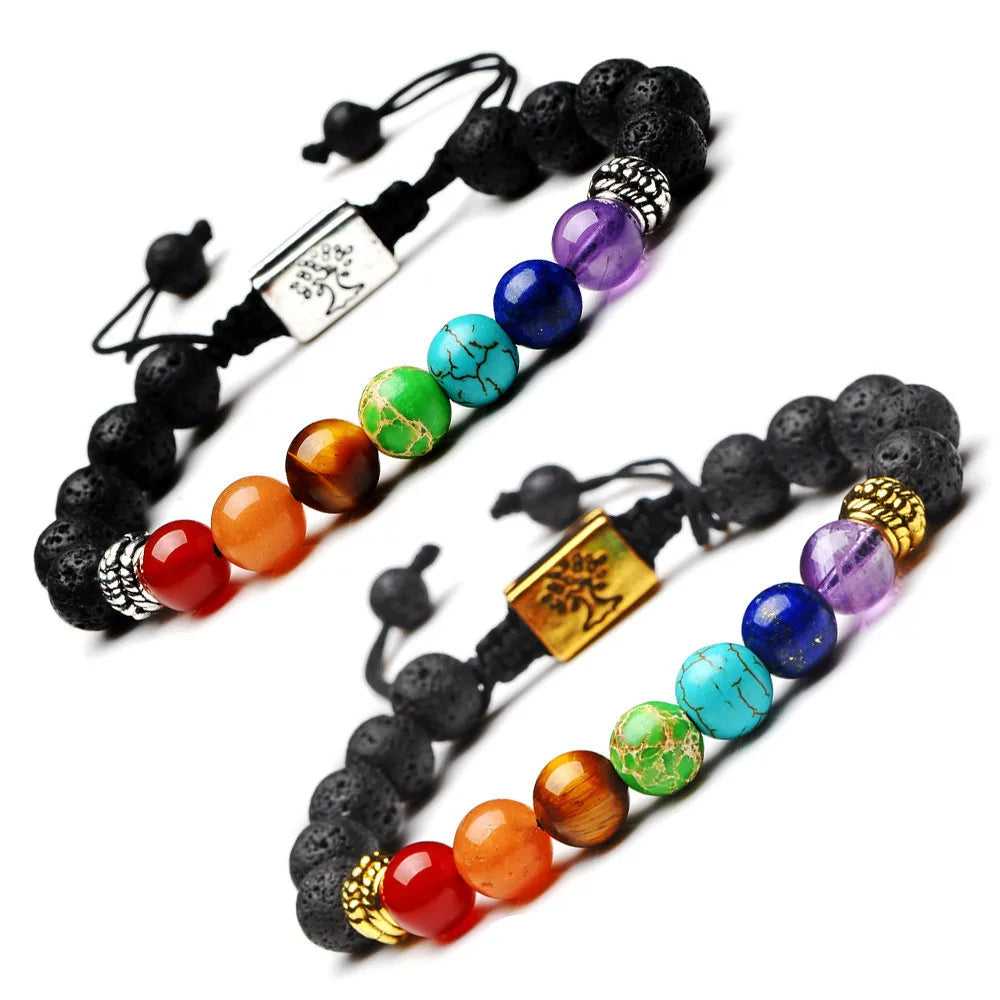 Bracelet 7 Chakras Arbre de Vie – Pierre de Lave et Perles de Couleur, Cordon Réglable