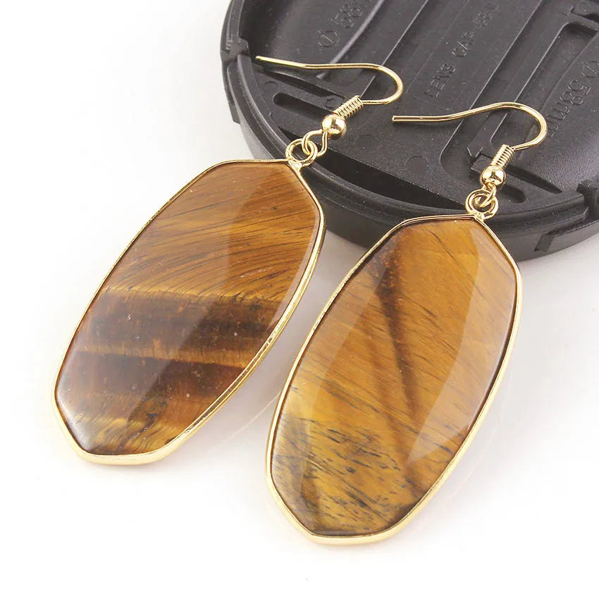 Grandes Boucles d'Oreilles Ovales en Pierre Naturelle – Pendantes Serties d'Or, 9 Pierres