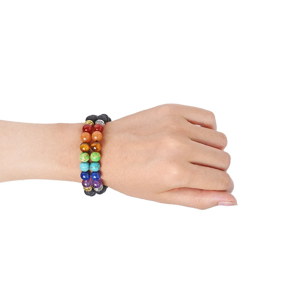 Bracelet 7 Chakras Arbre de Vie – Pierre de Lave et Perles de Couleur, Cordon Réglable