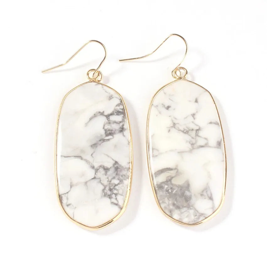 Grandes Boucles d'Oreilles Ovales en Pierre Naturelle – Pendantes Serties d'Or, 9 Pierres