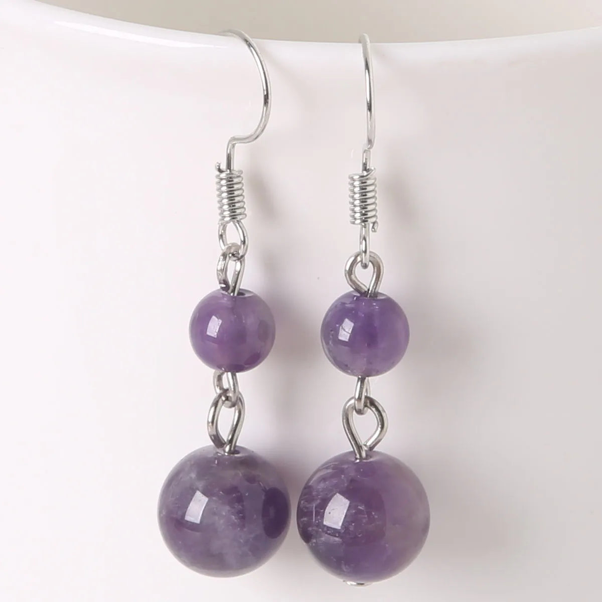 Boucles d'Oreilles Pendantes 3 Perles de Pierre Naturelle – Améthyste, Quartz Rose, Lapis-Lazuli