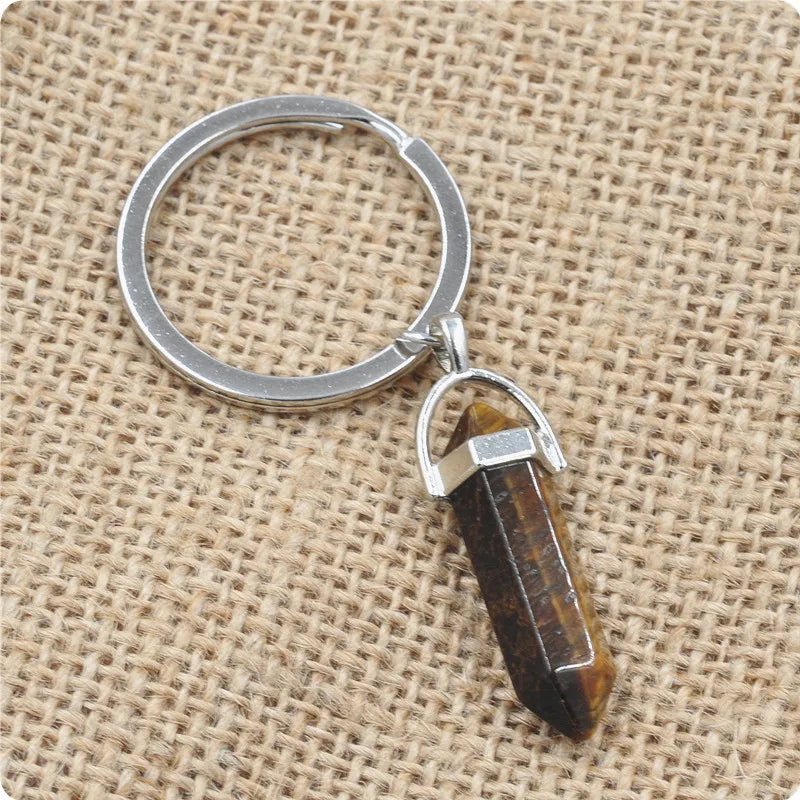 Porte-Clés Pointe de Pierre Naturelle – Améthyste, Quartz Rose, Œil de Tigre, Obsidienne ou Cristal