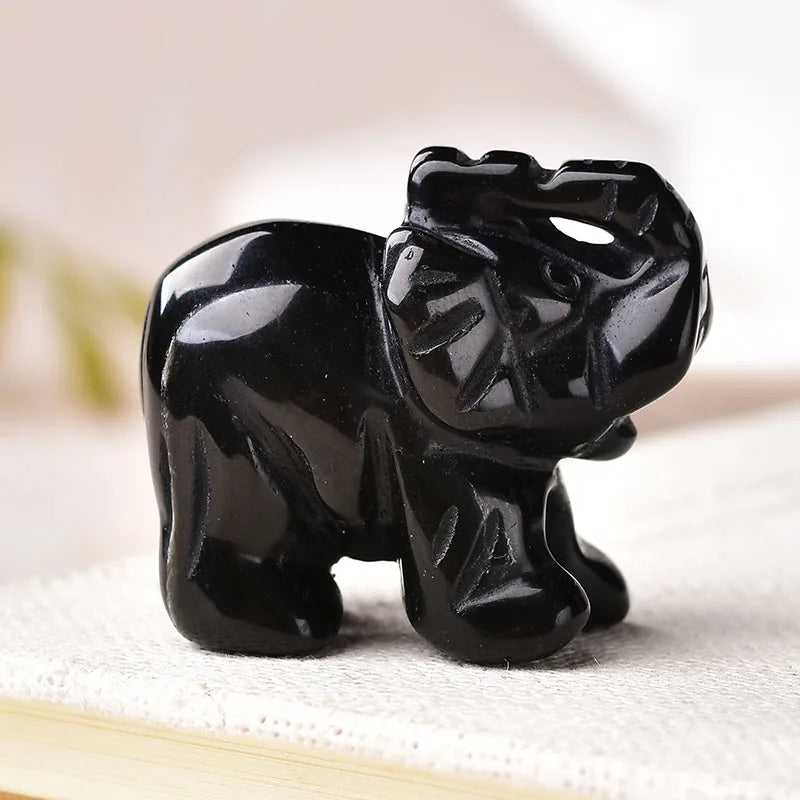 Éléphant en Pierre Naturelle Sculptée – Quartz Rose, Améthyste, Obsidienne, Œil de Tigre…