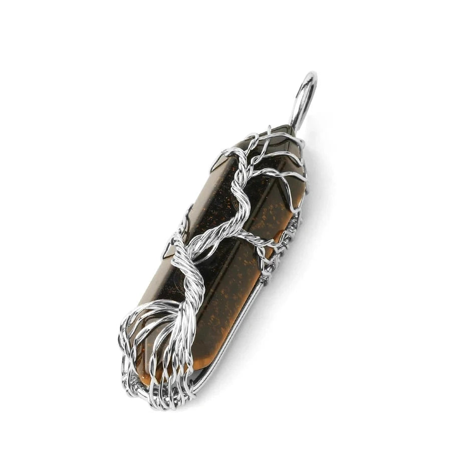 Collier Pointe Hexagonale en Pierre Naturelle – Arbre de Vie en Fil Argenté, sur Chaîne ou Cordon