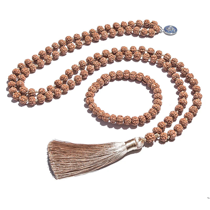 Mala 108 Perles Rudraksha – Collier Noué à la Main, Japamala de Méditation, avec ou sans Bracelet