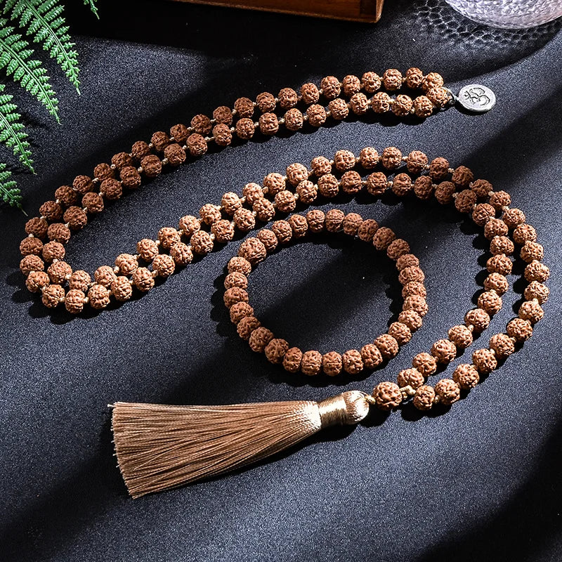 Mala 108 Perles Rudraksha – Collier Noué à la Main, Japamala de Méditation, avec ou sans Bracelet