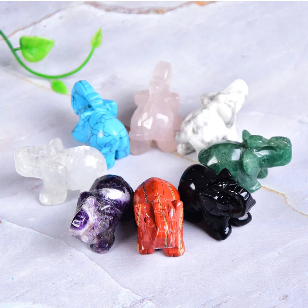 Éléphant en Pierre Naturelle Sculptée – Quartz Rose, Améthyste, Obsidienne, Œil de Tigre…